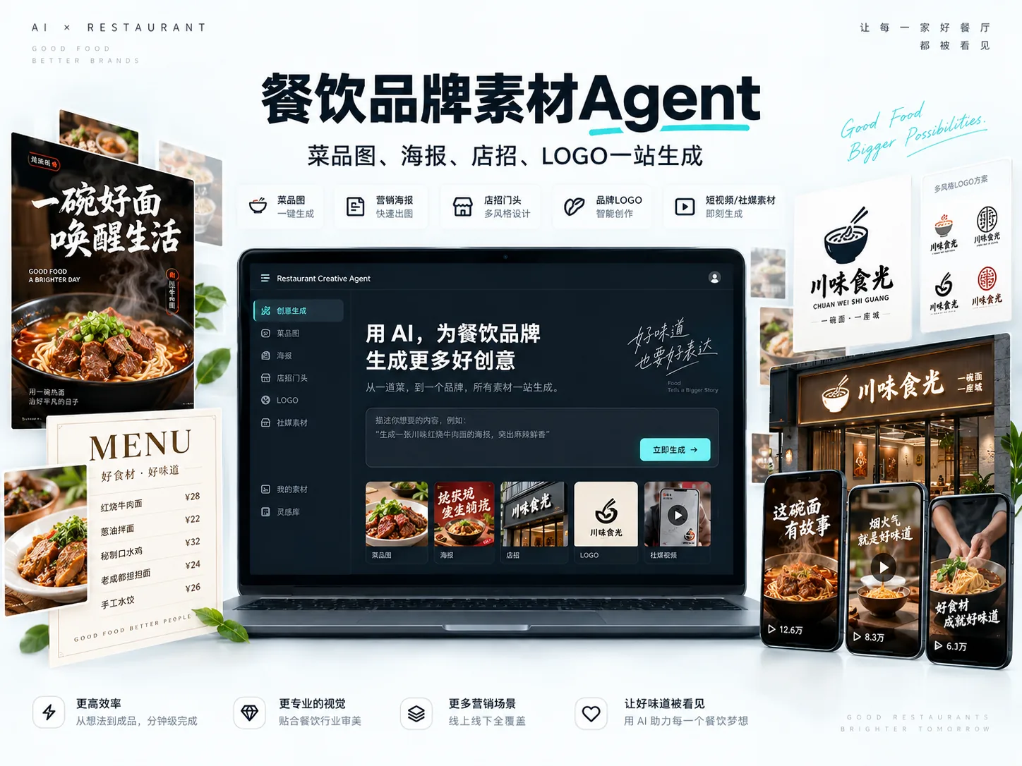 餐饮品牌素材 Agent · 能力示意图，非真实产品界面